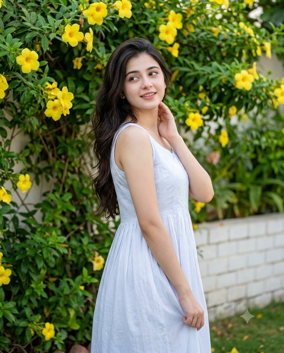 South Asian Girl in Pastel Blue Dress with Yellow Flowers | 8K AI Photo Prompt