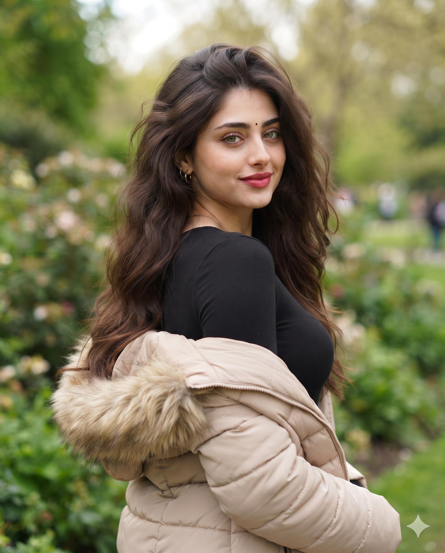 South Asian Girl Portrait AI Image Prompt Gemini | Black Top, Beige Fur Jacket & Aesthetic DSLR Photography
