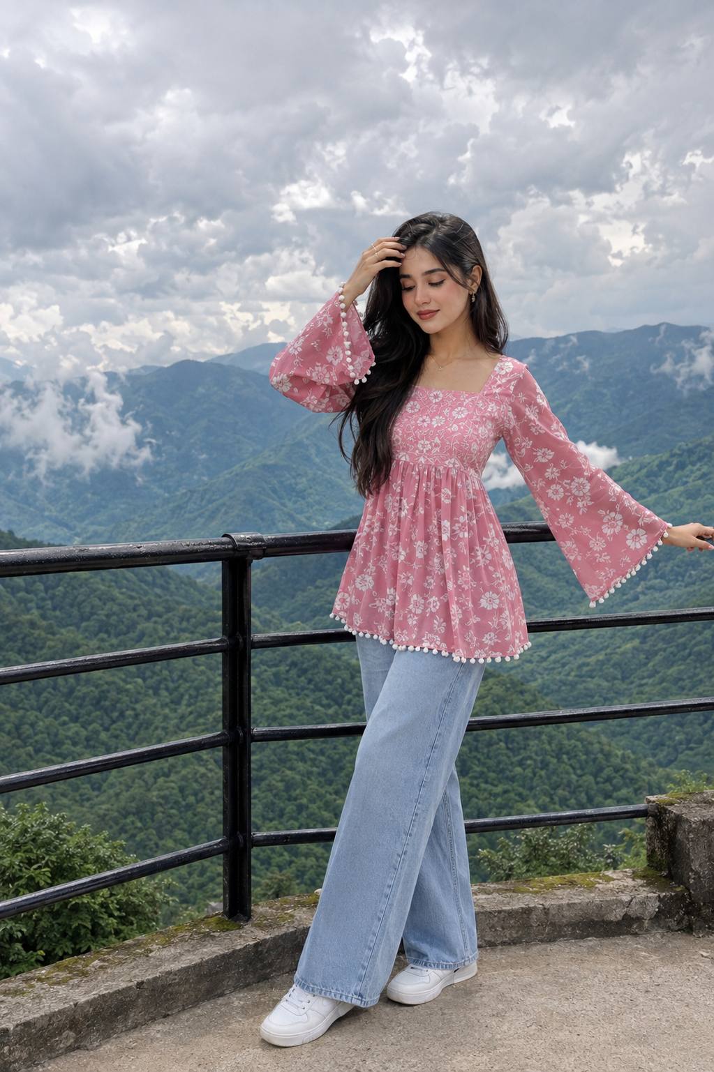 South Asian Woman at Scenic Mountain Viewpoint | Cinematic Travel Portrait AI Prompt