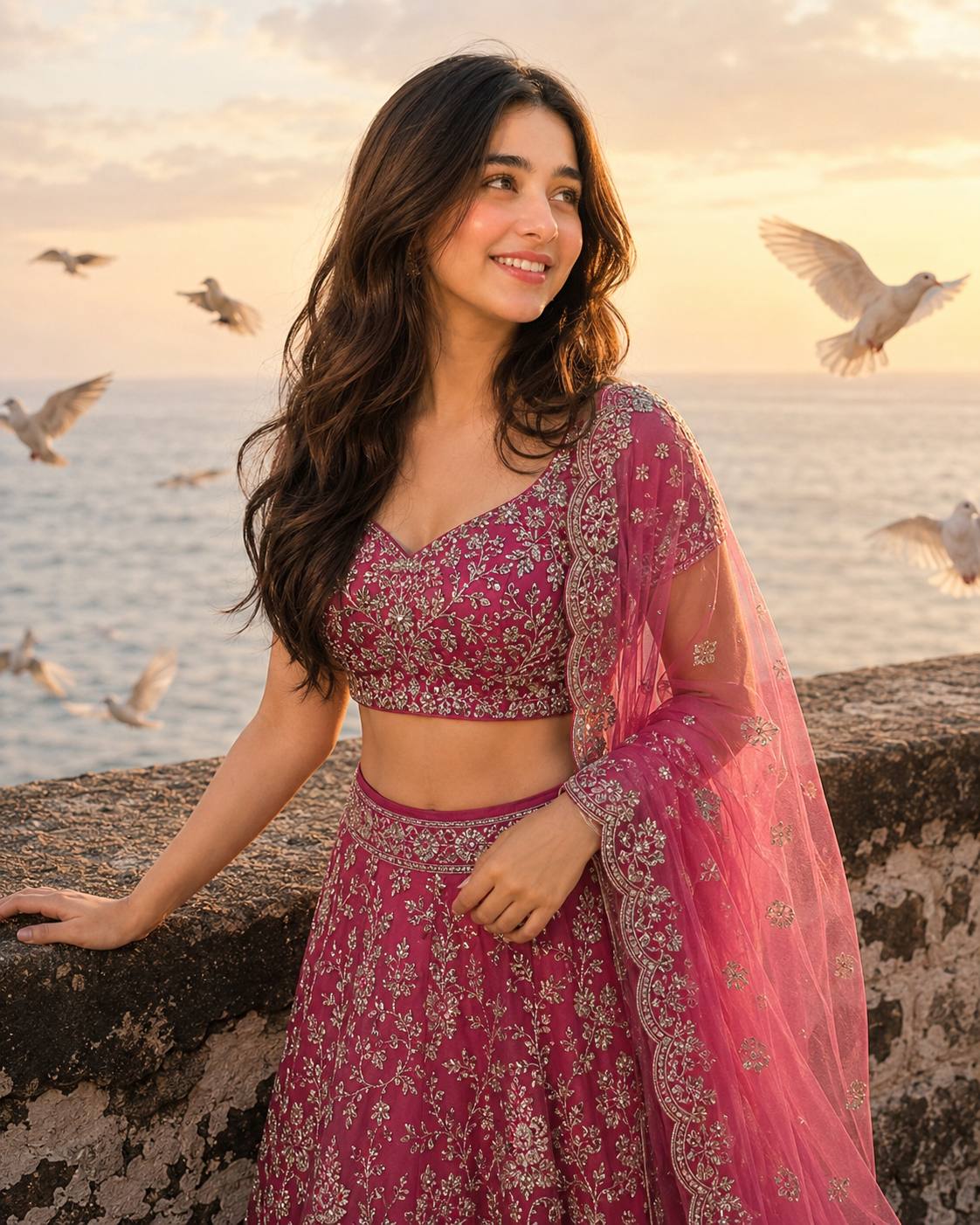 Ultra-Realistic South Asian Woman in Magenta Lehenga by the Ocean at Golden Hour Ai Prompt