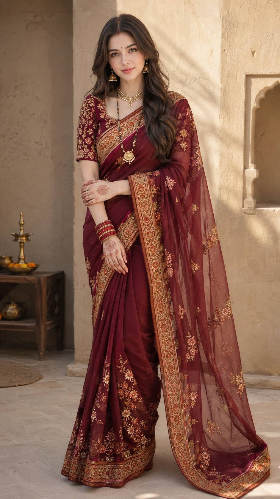 South Asian Woman in Maroon Saree AI image prompt| Elegant Traditional Indian Fashion Portrait