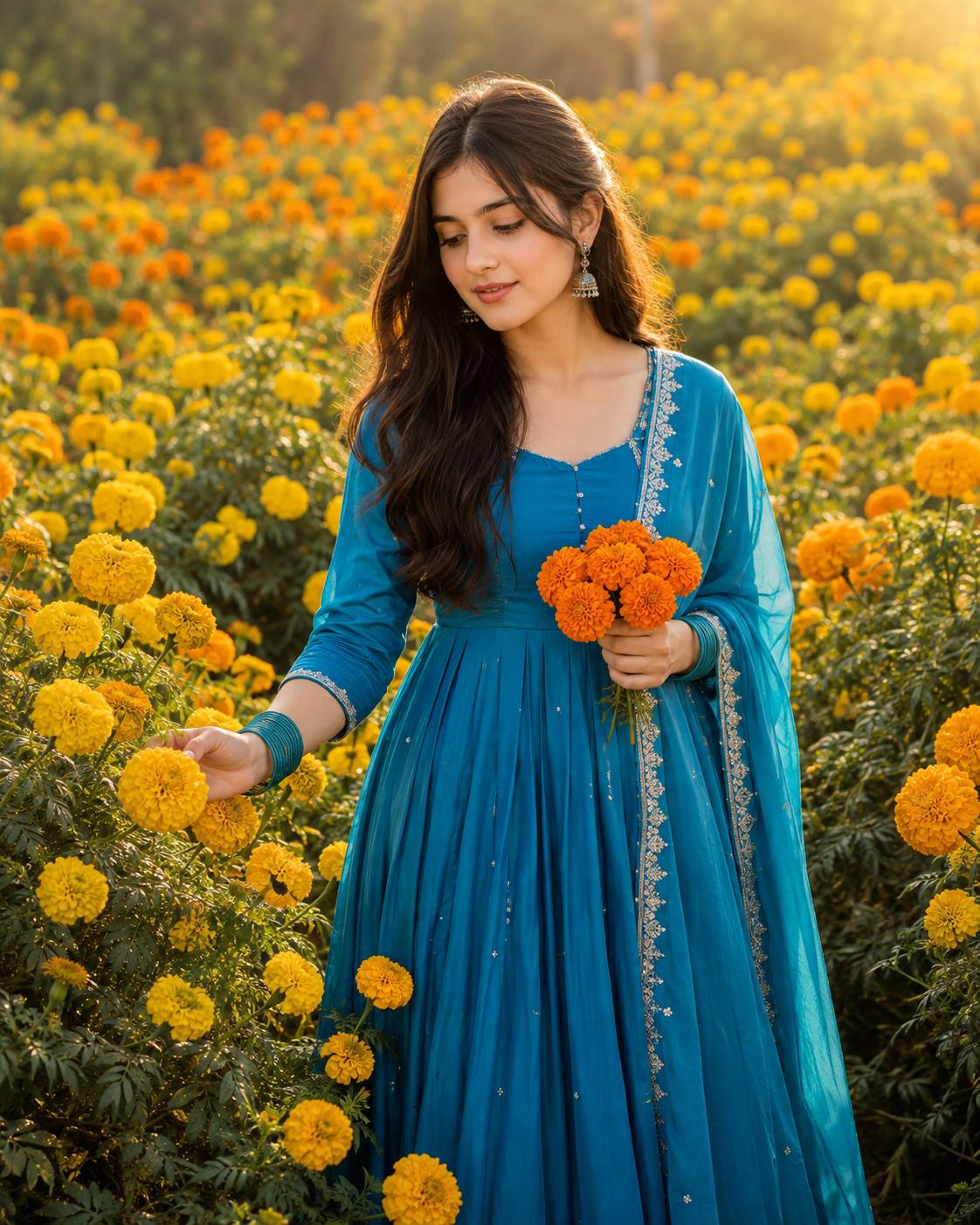 Asian Woman in Peacock Blue Anarkali | Marigold Garden Portrait AI Prompt