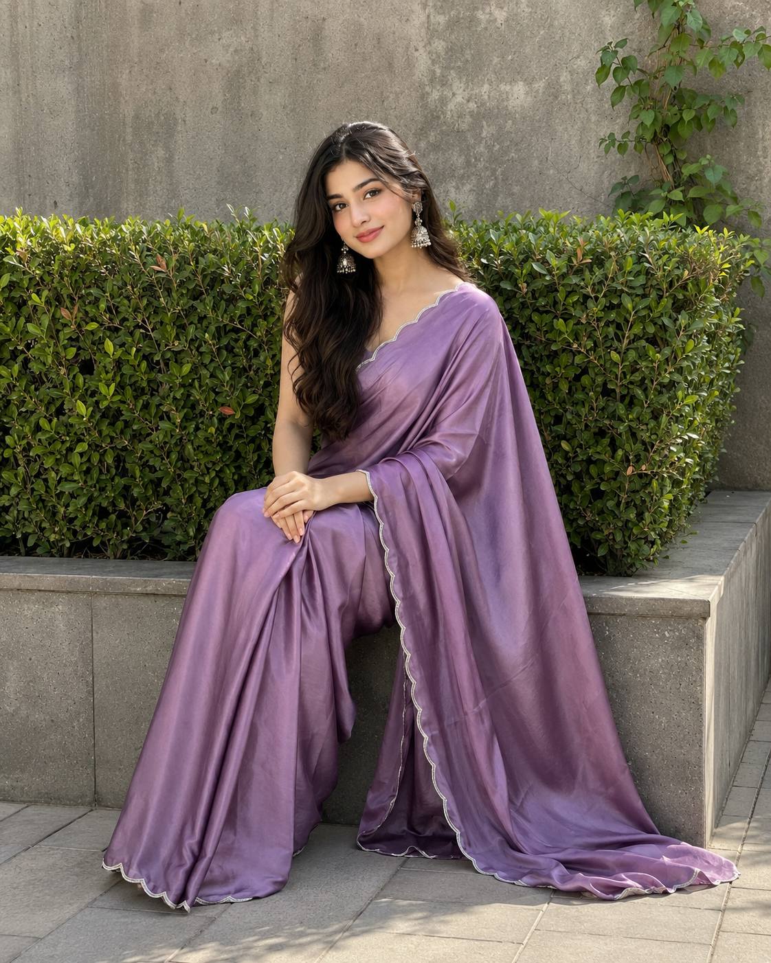 Ultra-Realistic South Asian Woman in Purple Silk Saree | Elegant Garden Portrait Ai Prompt
