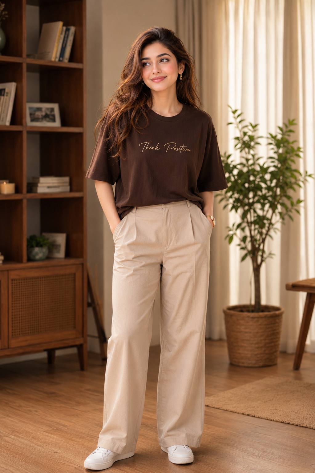 Ultra-Realistic Woman in “Think Positive” T-Shirt – 8K Fashion Portrait AI image Prompt