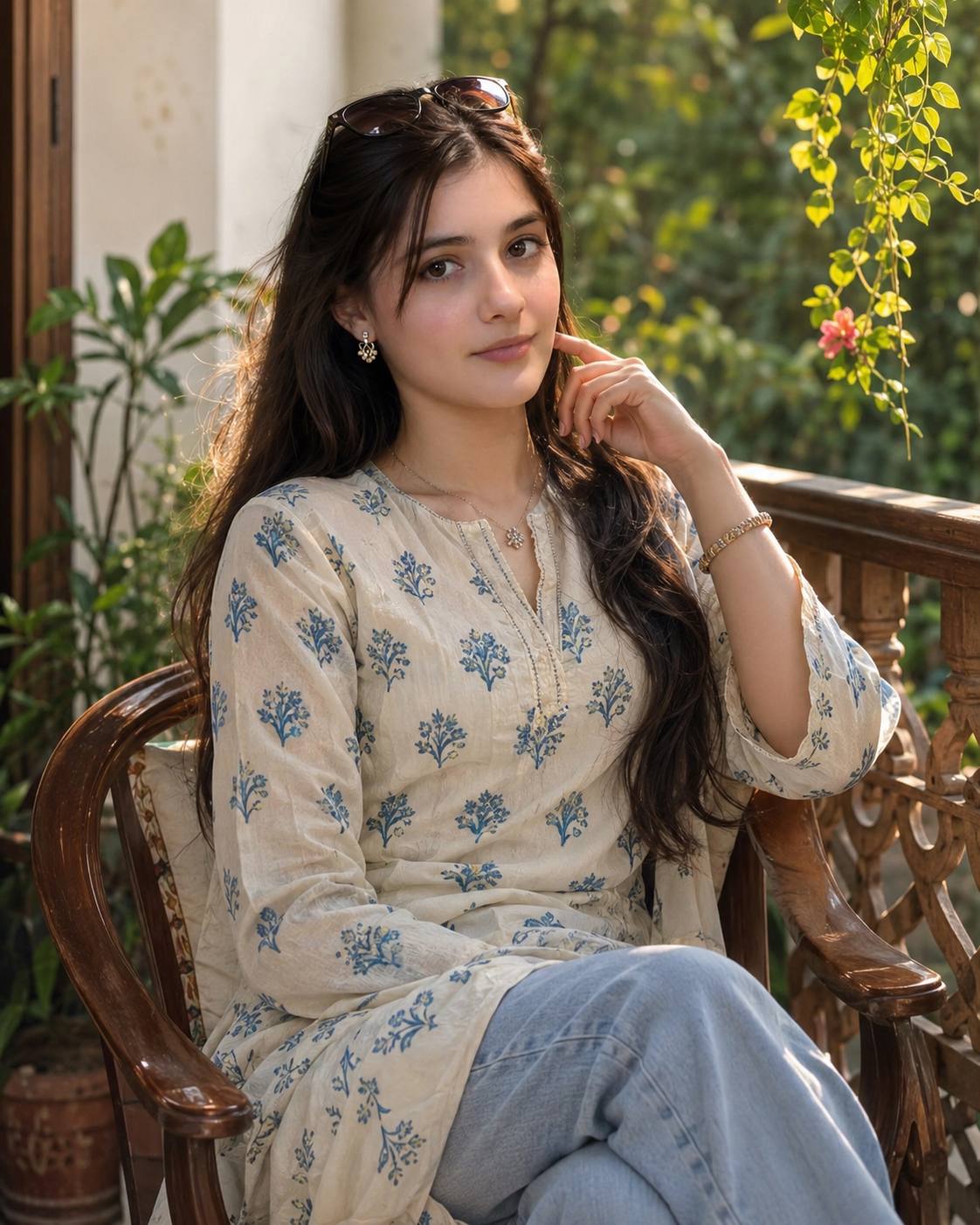 Ultra-Realistic Woman Portrait in Cream Floral Kurti | Golden Hour Balcony Photography AI Prompt