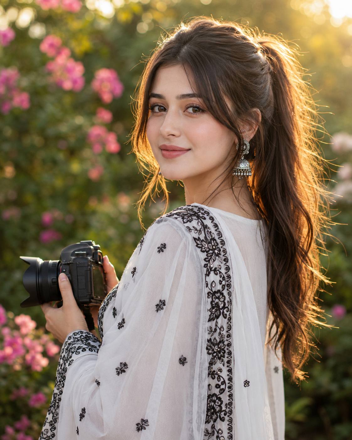 Golden Hour DSLR Camera Portrait AI Prompt – South Asian Woman in White Floral Outfit