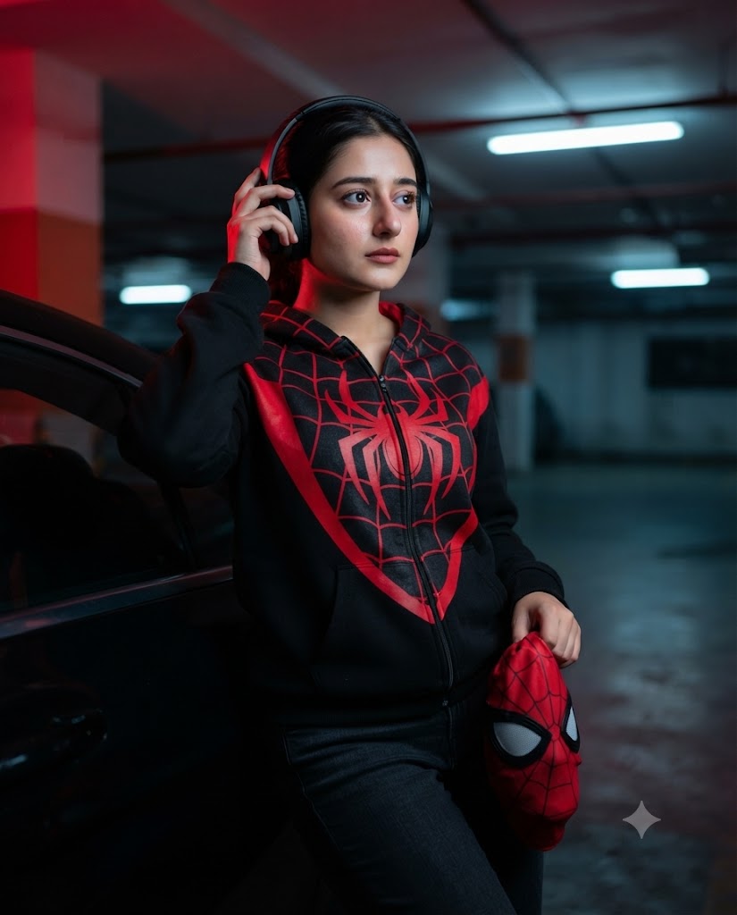 Ultra-Realistic Spider-Woman Inspired Underground Garage Portrait AI Image Prompt