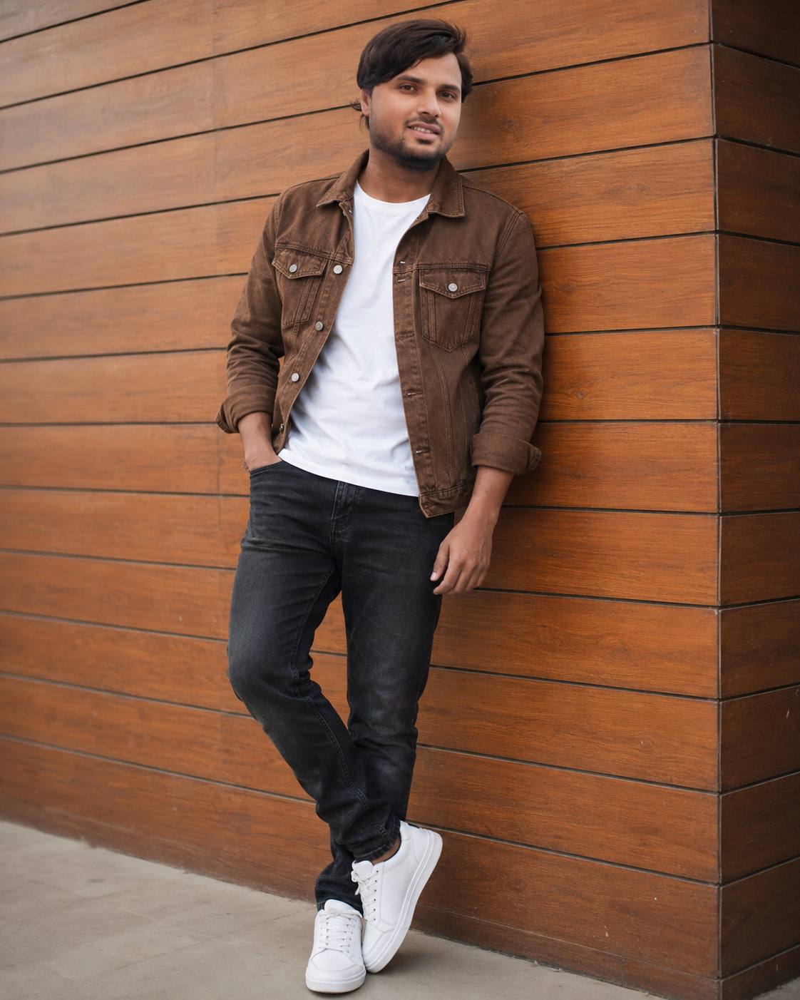Ultra-Realistic Stylish Young Man Portrait with Brown Denim Jacket | Cinematic 9:16 AI Photo