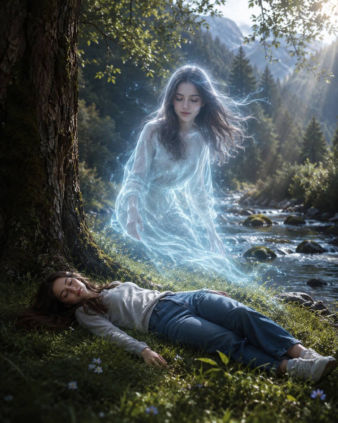 Ultra-Realistic Supernatural Soul Ascension Scene in a Mountain Stream Landscape AI Image Prompt