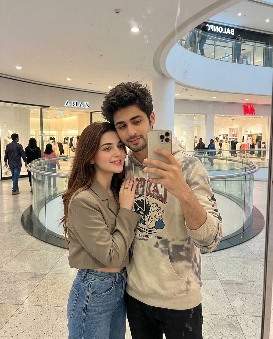 Ultra-Realistic Teen Couple Mirror Selfie in Modern Shopping Mall AI Image Prompt