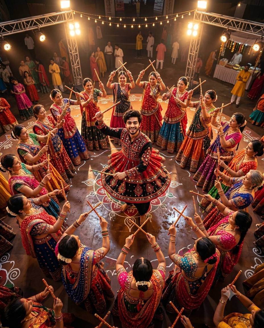 Top-down Garba dance AI prompt | Red-black mirror work & festive circle