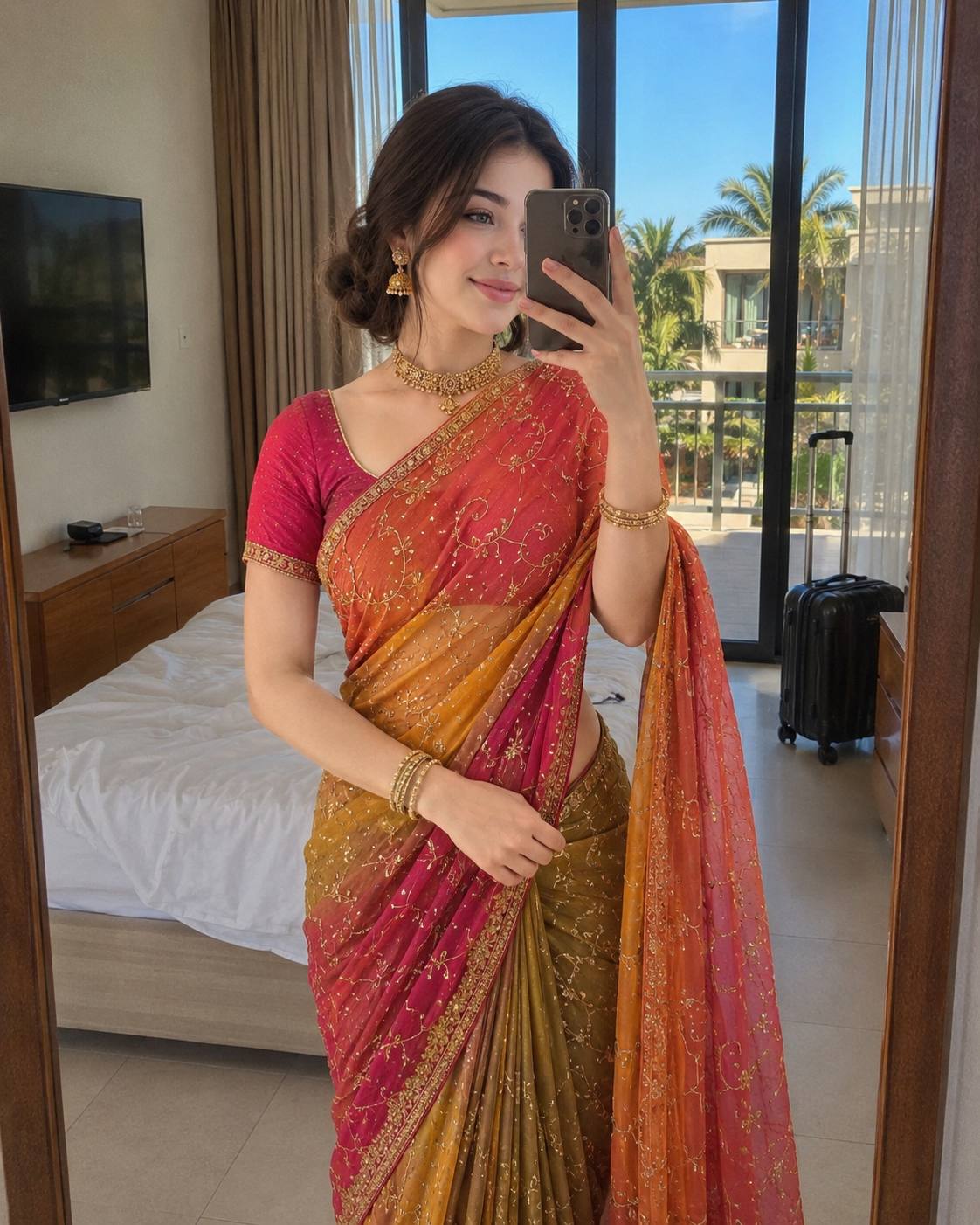 Ultra-Realistic Traditional Saree Mirror Selfie in Luxury Hotel Bedroom – Same Face AI Image Prompt