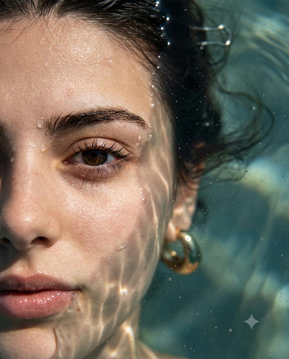 Underwater Macro Portrait AI Image Prompt Gemini | Blue Cinematic Lighting & Surreal Water Reflections