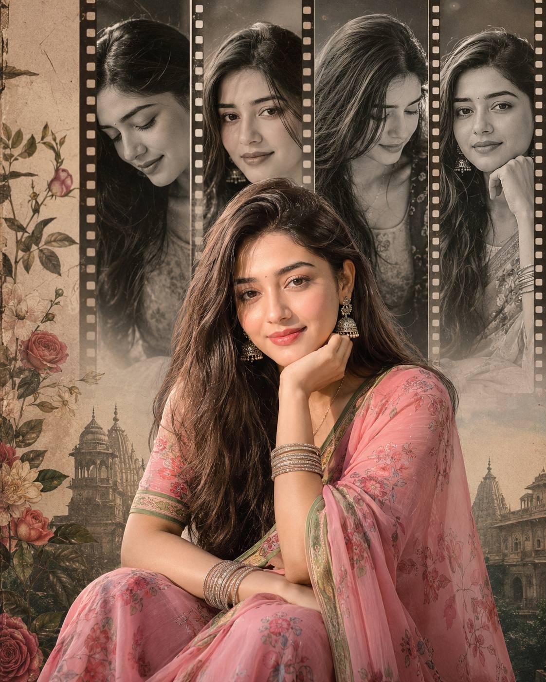 Ultra-Realistic Vintage Pink Saree Portrait Collage | 8K AI Photo Prompt