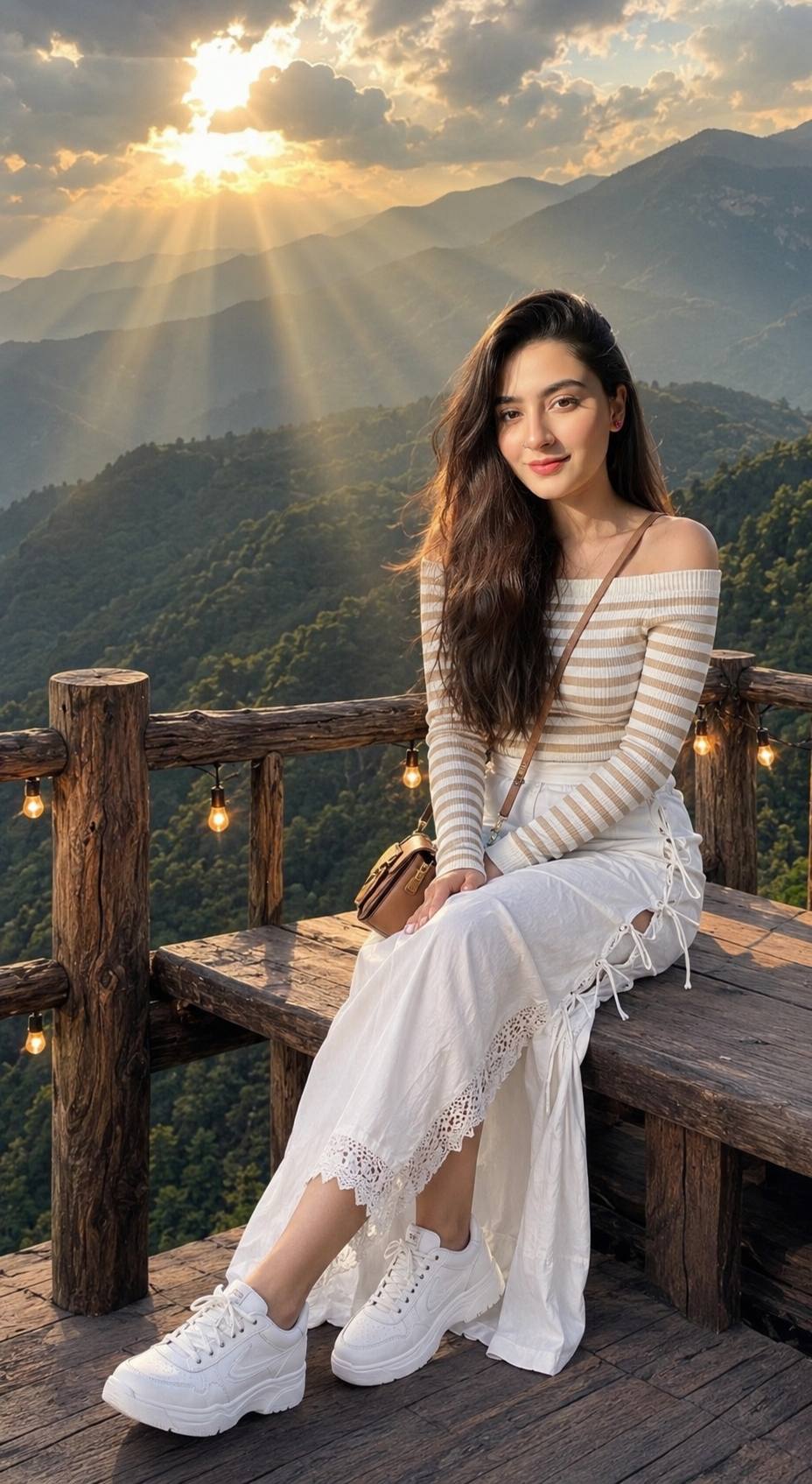 Ultra-Realistic Woman at Mountain Viewpoint Ai Prompt | Golden Hour Cinematic Travel Portrait