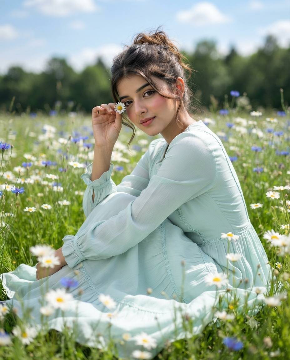 Ultra-Realistic Woman in a Pastel Mint Dress Holding a Daisy in a Wildflower Meadow