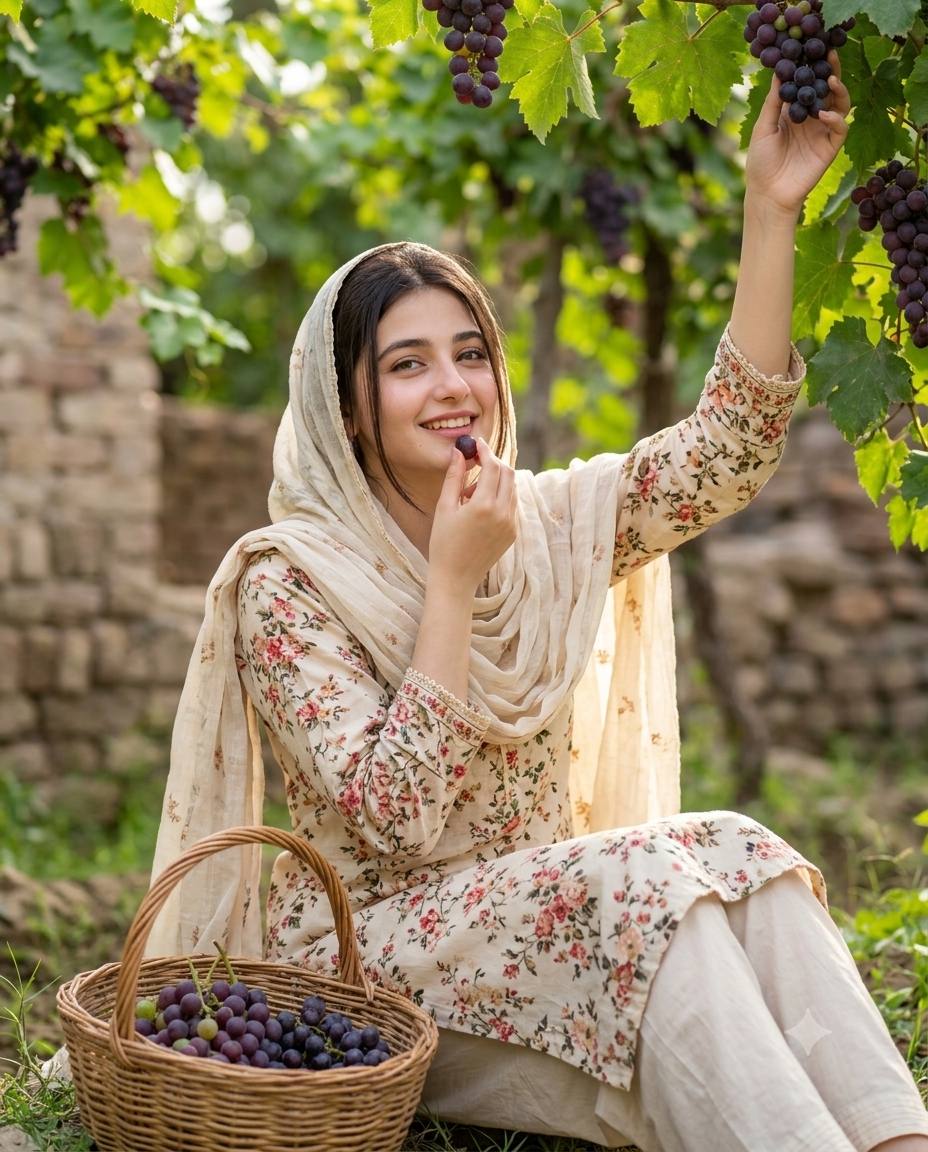Ultra-Realistic Woman in Grape Vineyard Traditional Salwar Kameez AI Image Prompt