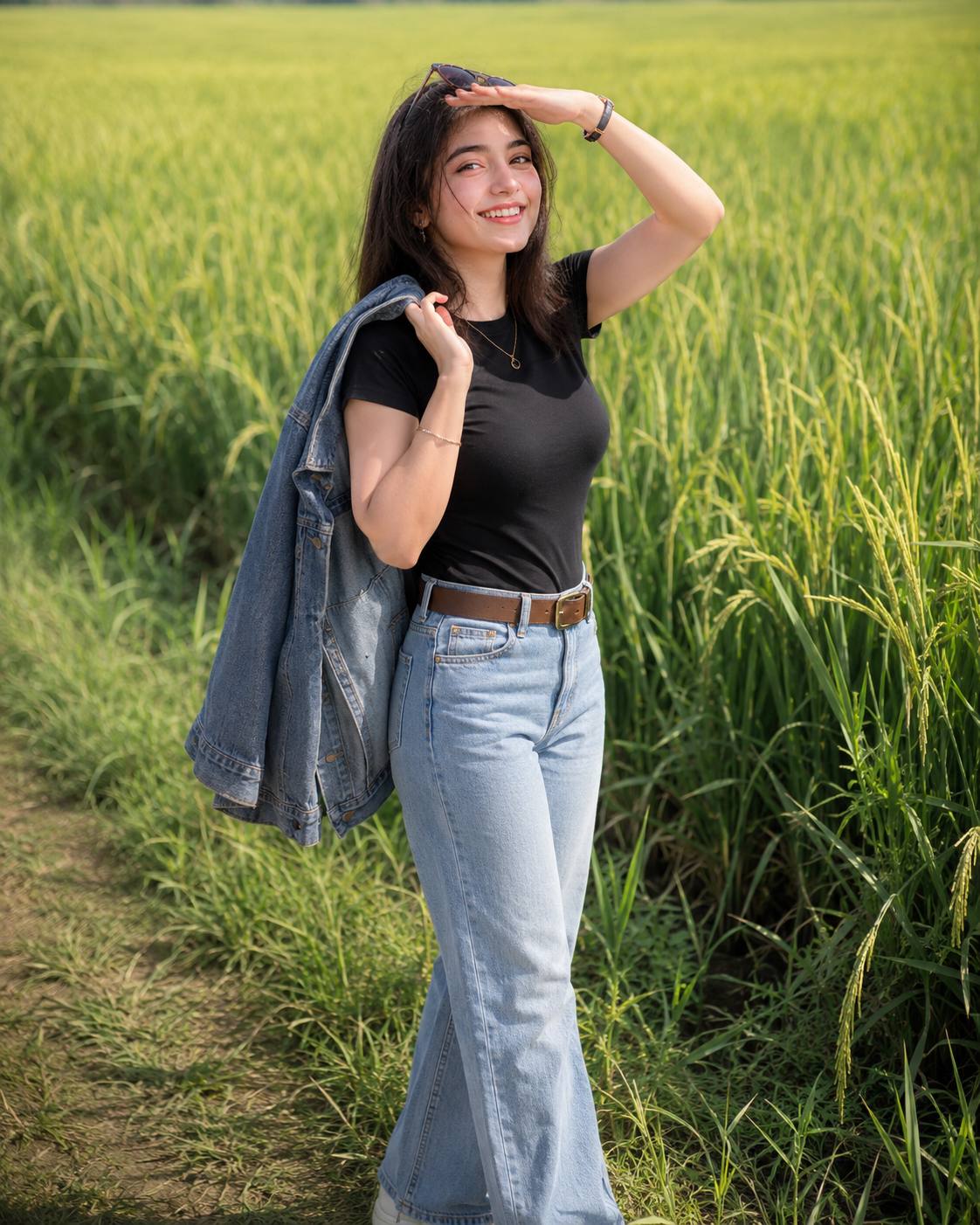 Ultra-Realistic Woman in Green Rice Field with Denim Jacket – Same Face AI Image Prompt