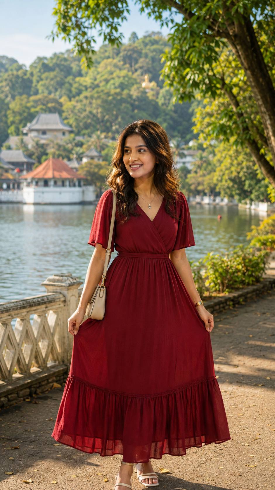 Ultra-Realistic Woman in Wine Red Dress at Kandy Lake, Sri Lanka | Cinematic Travel Portrait AI Prompt