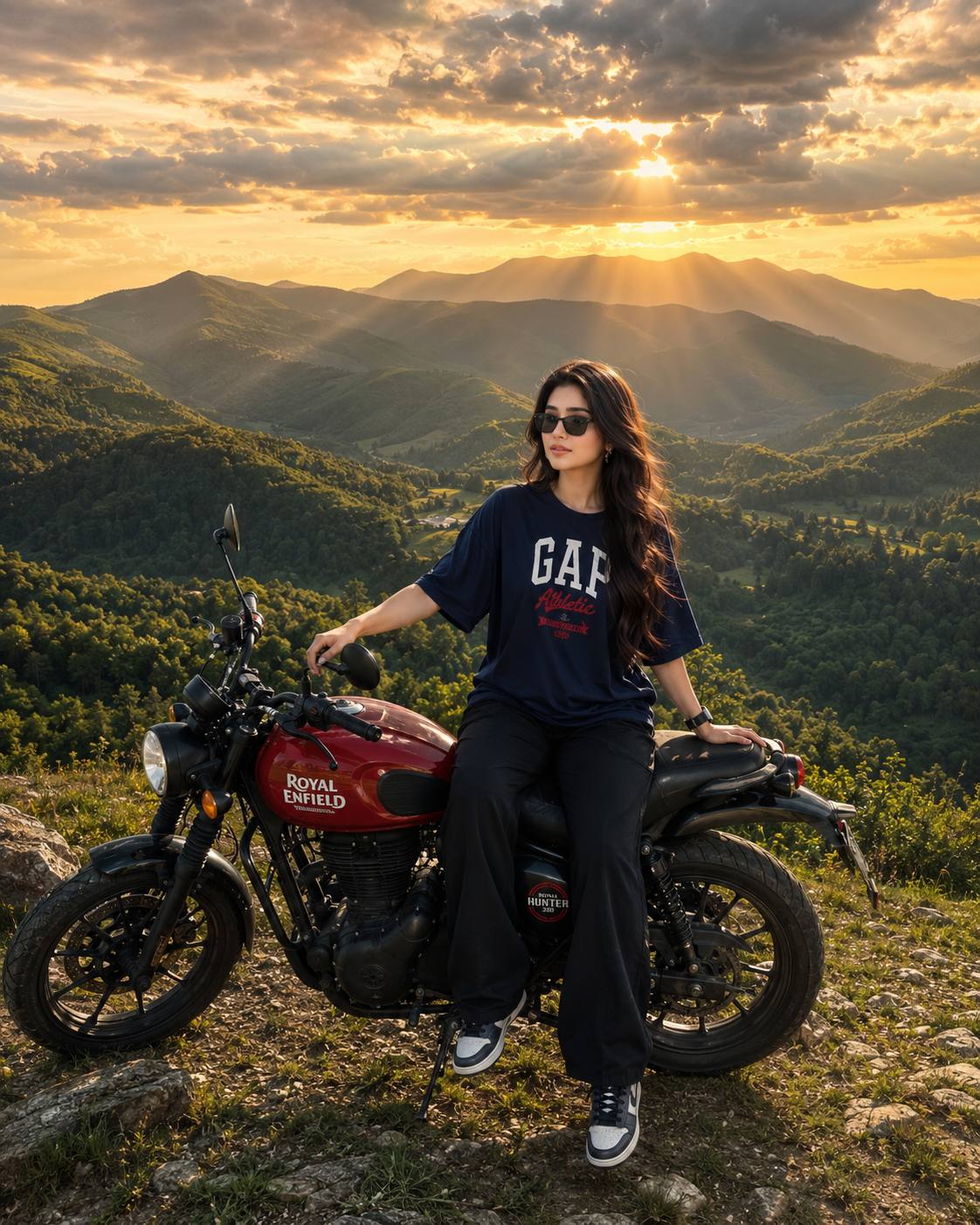 Red Royal Enfield Mountain Sunset AI Photo Prompt | Cinematic Scenic Hilltop Motorcycle Portrait