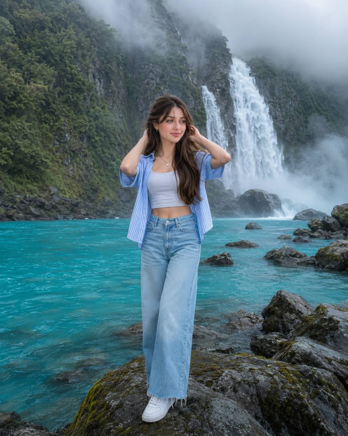 Ultra-Realistic Woman Portrait at Turquoise Waterfall in Cinematic Nature Landscape AI Image Prompt