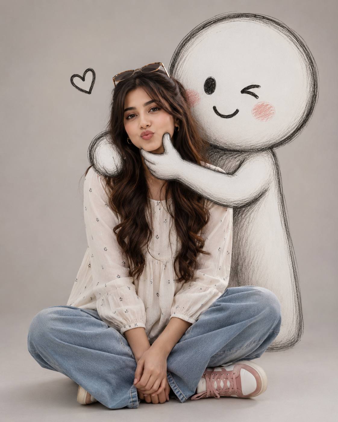 Ultra-Realistic Woman with Playful Doodle Character | 8K Cinematic AI Portrait prompt