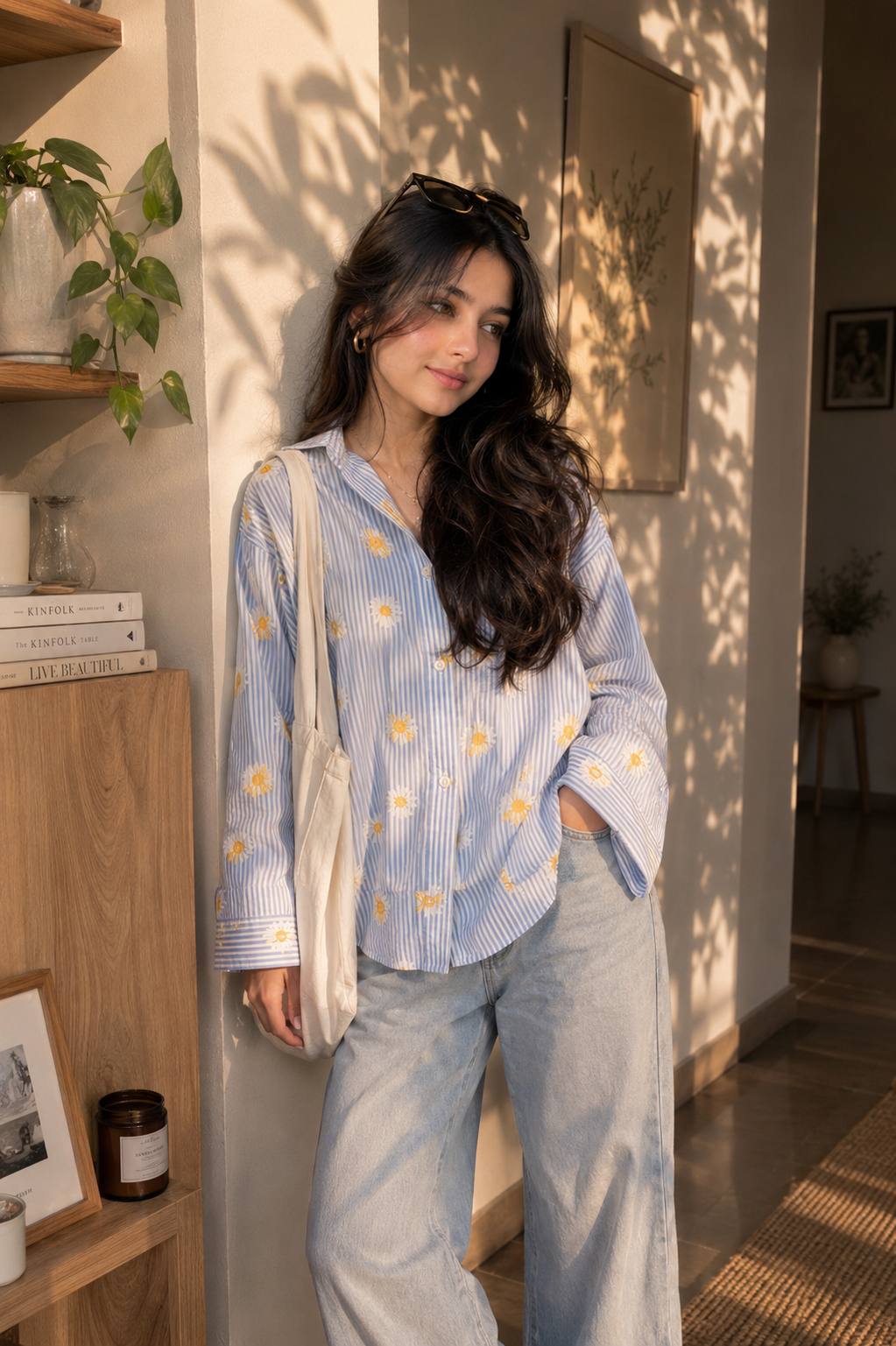 Ultra-Realistic Young Woman Fashion Portrait in Blue Daisy Shirt and Wide-Leg Jeans AI prompt