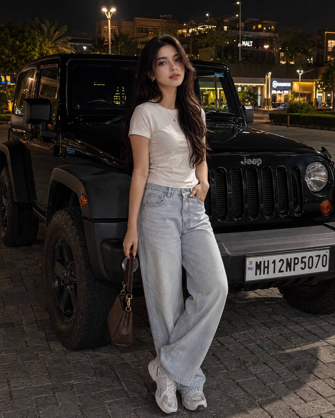 Young Woman with Black Jeep Wrangler at Night | Cinematic Urban Portrait Ai prompt