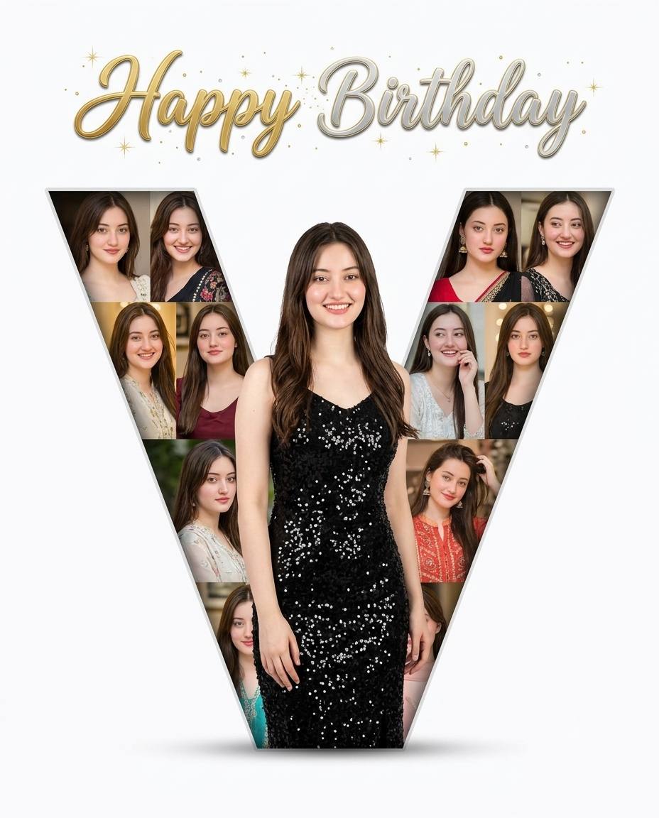 V Alphabet Birthday Poster Ai Prompt | Stylish Multi-Portrait Happy Birthday Design