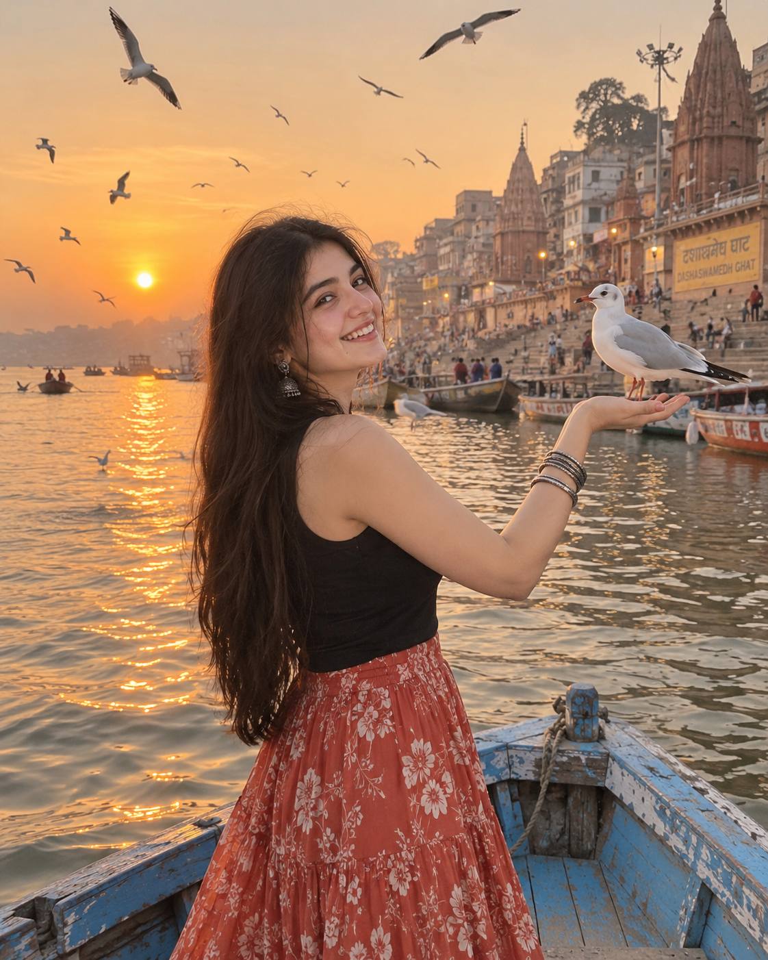 Varanasi Sunset Portrait Prompt – Woman on Boat with Seagull | AI image prompt