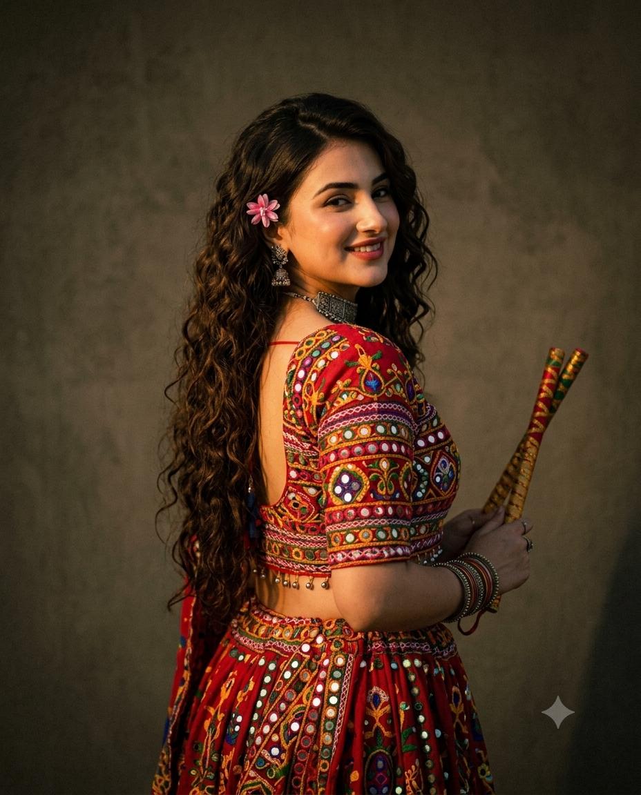 90s Garba Portrait Vintage Style AI Image Prompt | Navratri Golden-Hour Retro Aesthetic
