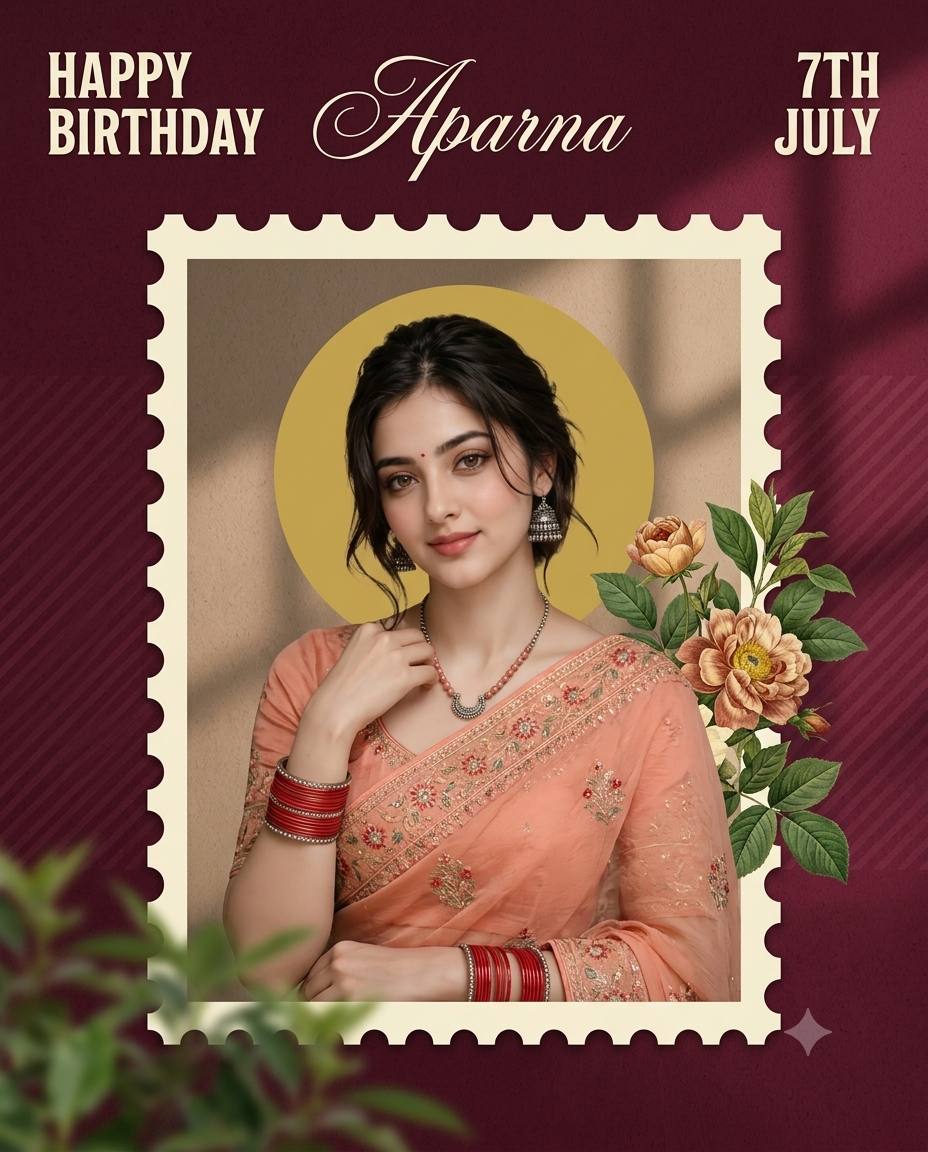 Vintage Luxury Birthday Poster Ai Prompt | Postal stamp & Peach Saree Editorial Portrait