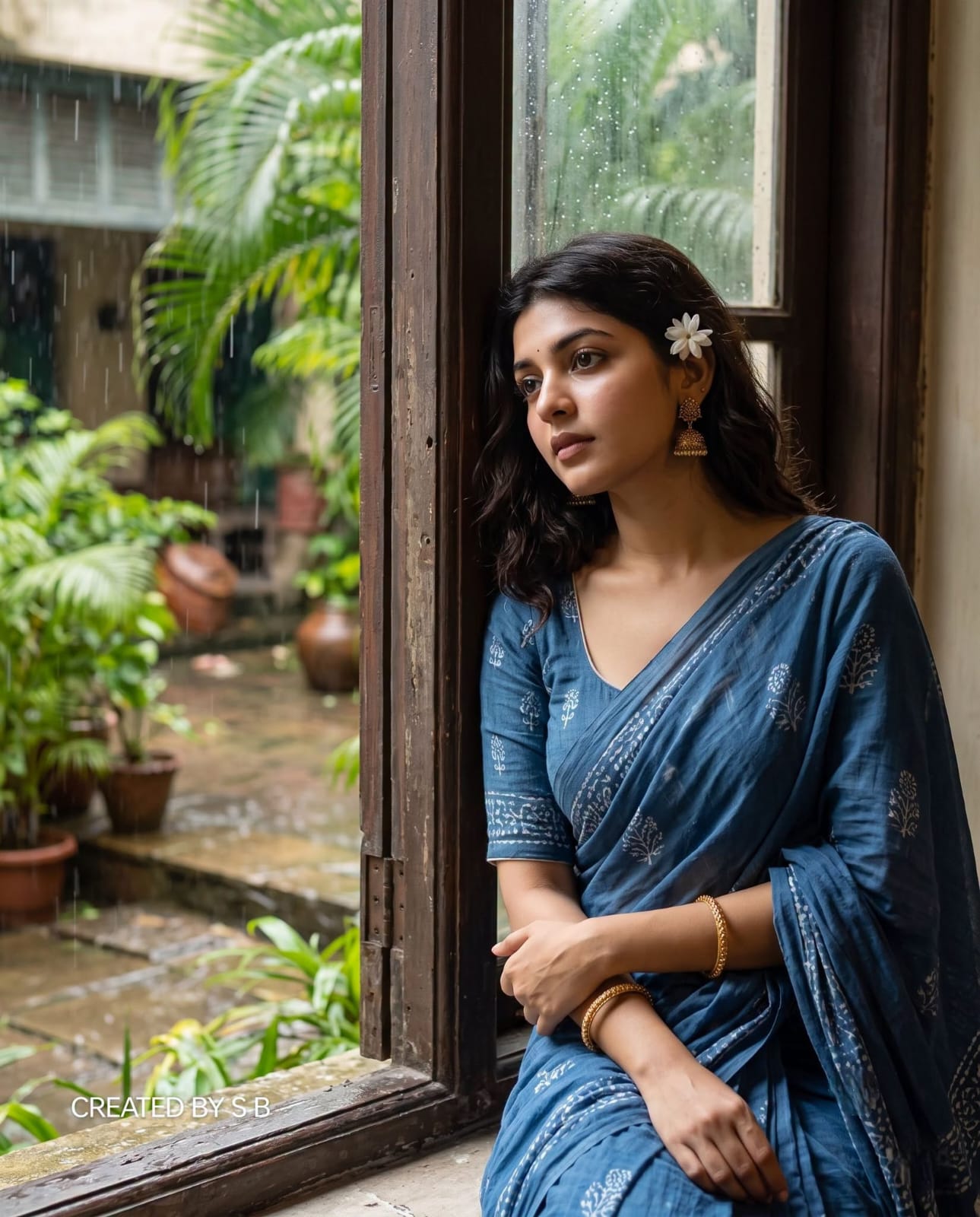 Vintage Monsoon Window Portrait AI Prompt | Cinematic Bengali Saree Photograph