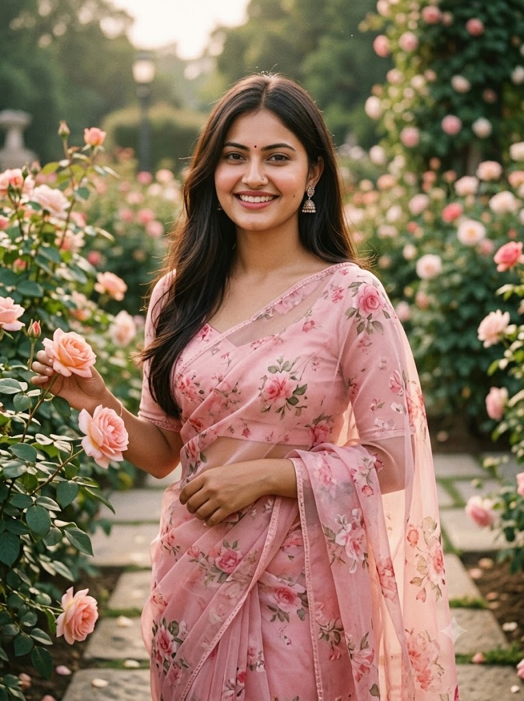 Vintage Romance Rose Garden Portrait in Soft Pink Floral Organza Saree AI Image Prompt