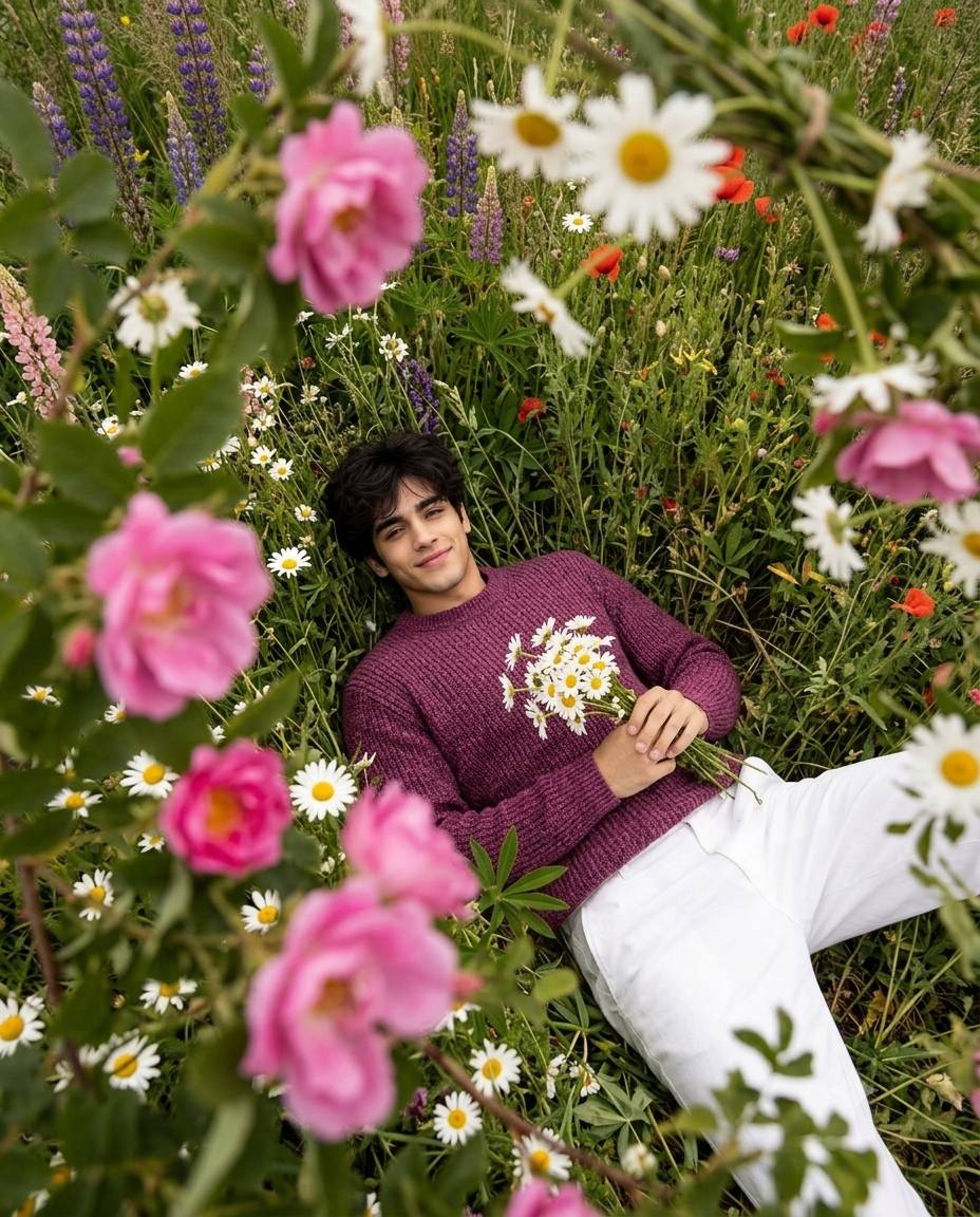 Vogue High Fashion Rose Field Portrait of a Man with Daisy Bouquet | Cinematic AI Photo Prompt