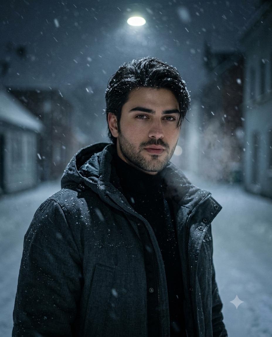 Winter Noir Man Cinematic Style AI Image Prompt | Moody Snowfall Night Portrait