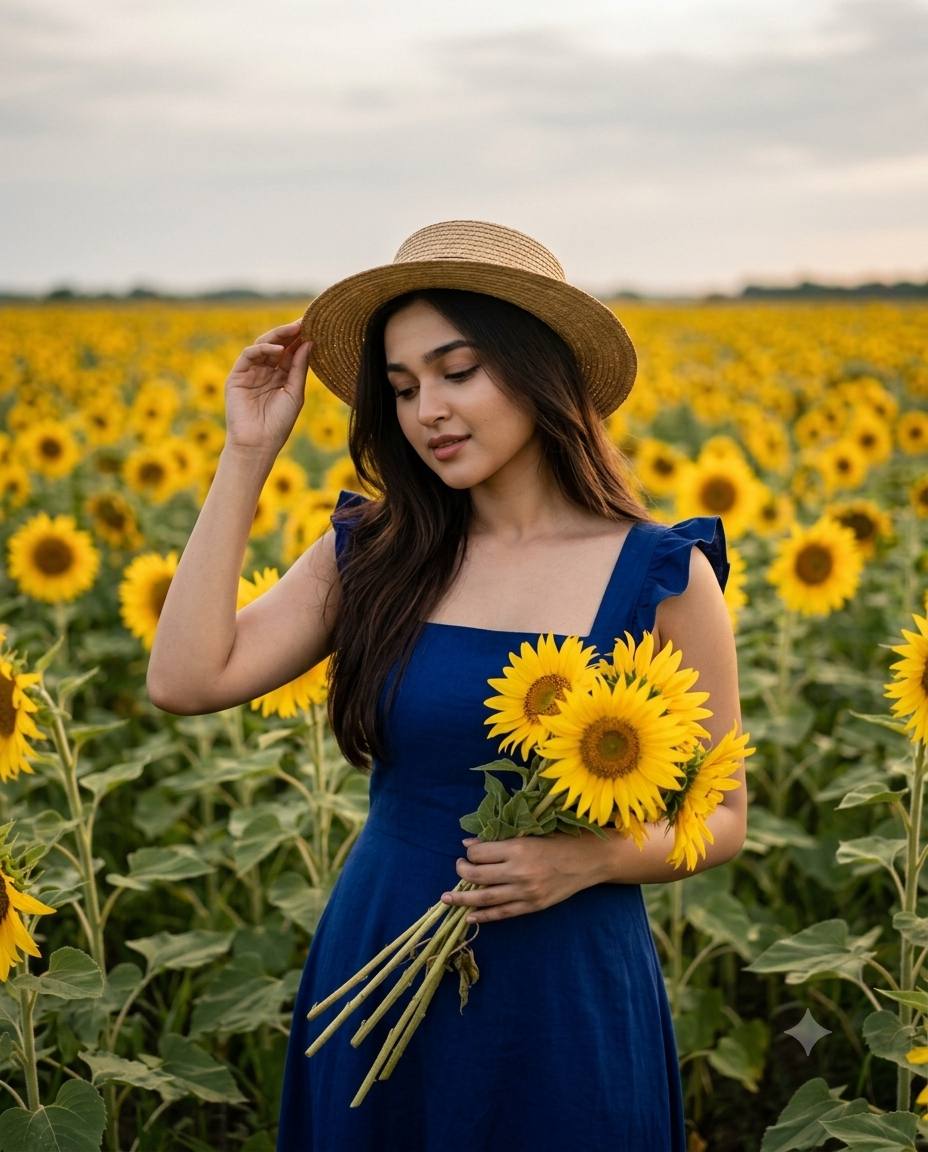 Woman in Cobalt Blue Dress in Vibrant Sunflower Field – Golden Hour Photorealistic Portrait | AI image prompt