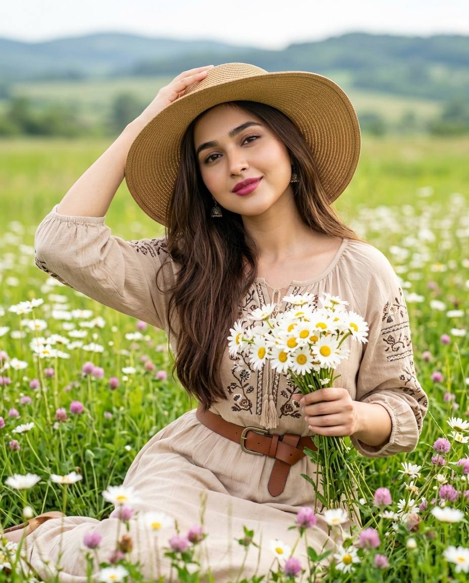 Woman in Daisy Meadow with Straw Hat and Embroidered Dress – Photorealistic Countryside Portrait | AI Image prompt
