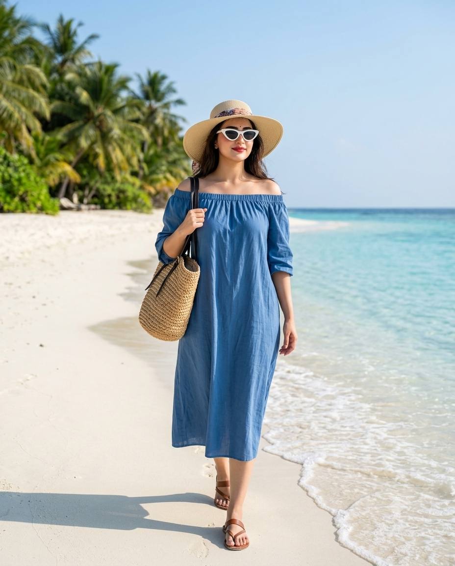 Woman Walking on Tropical Beach in Blue Off-Shoulder Dress – Photorealistic Ocean Shoreline Portrait | AI image prompt