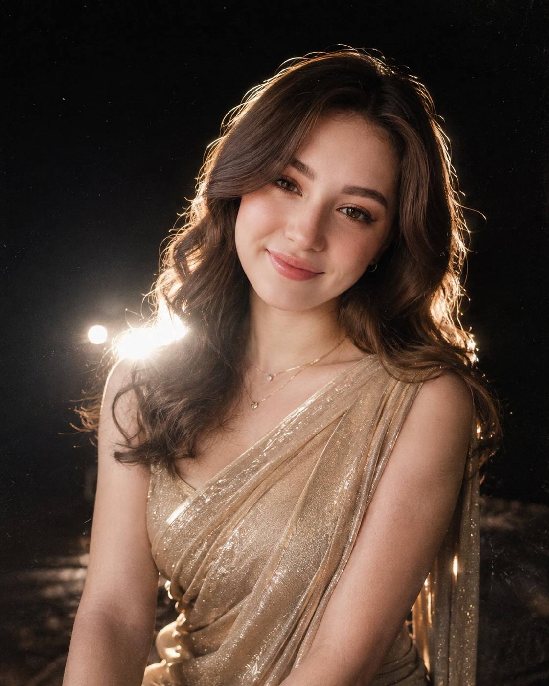 Y2K Flash Photography Gold Saree Portrait with Dramatic Glow – Cinematic AI Image Prompt