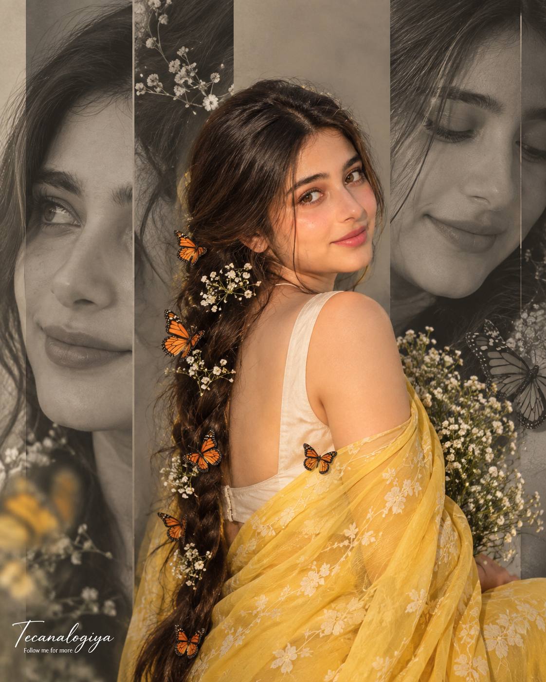 Yellow Saree Double Exposure Portrait – Artistic Butterfly Photo Collage | AI image peompt