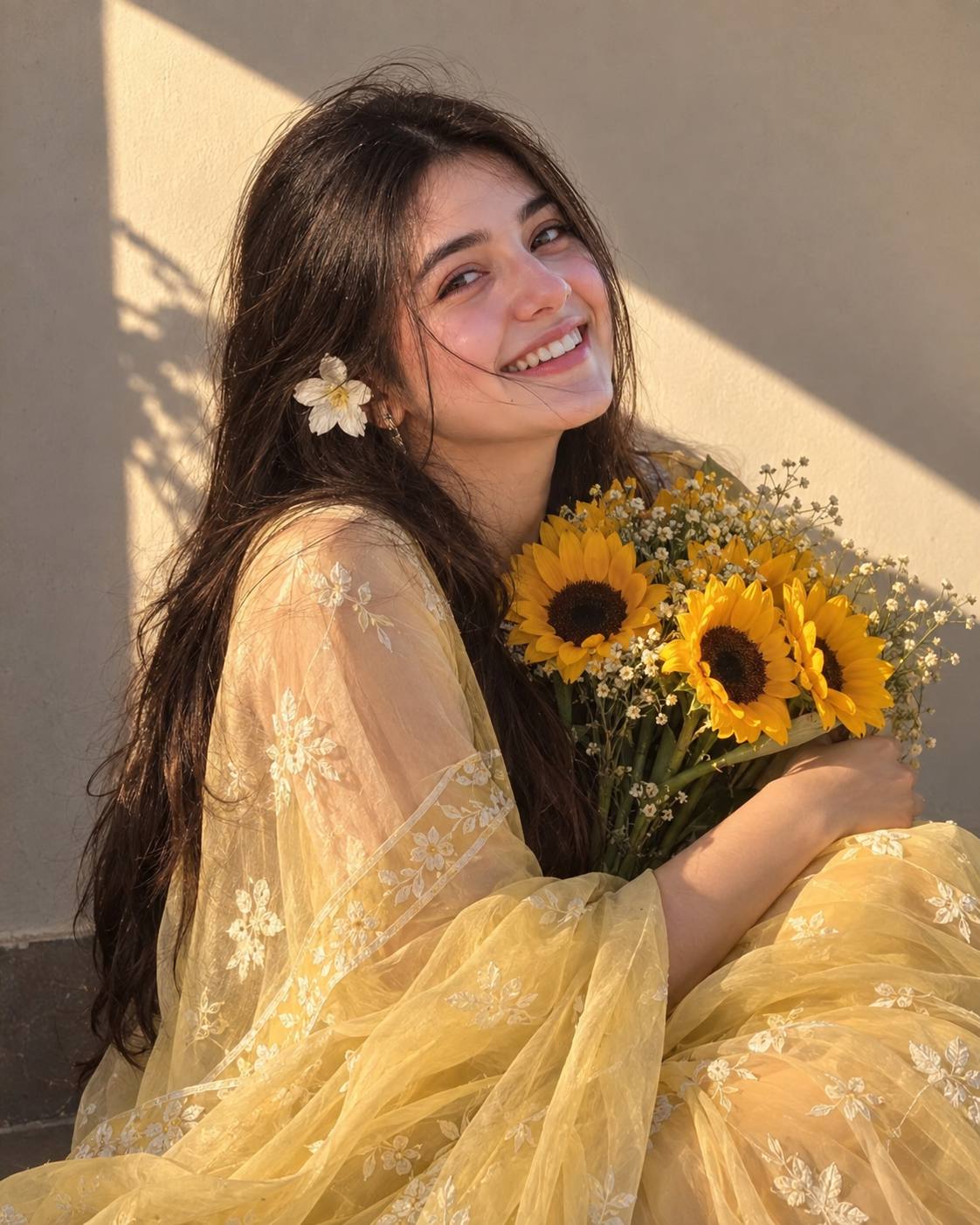 Yellow Saree Portrait Prompt – Dreamy Sunflower Golden Hour Photography | AI image prompt