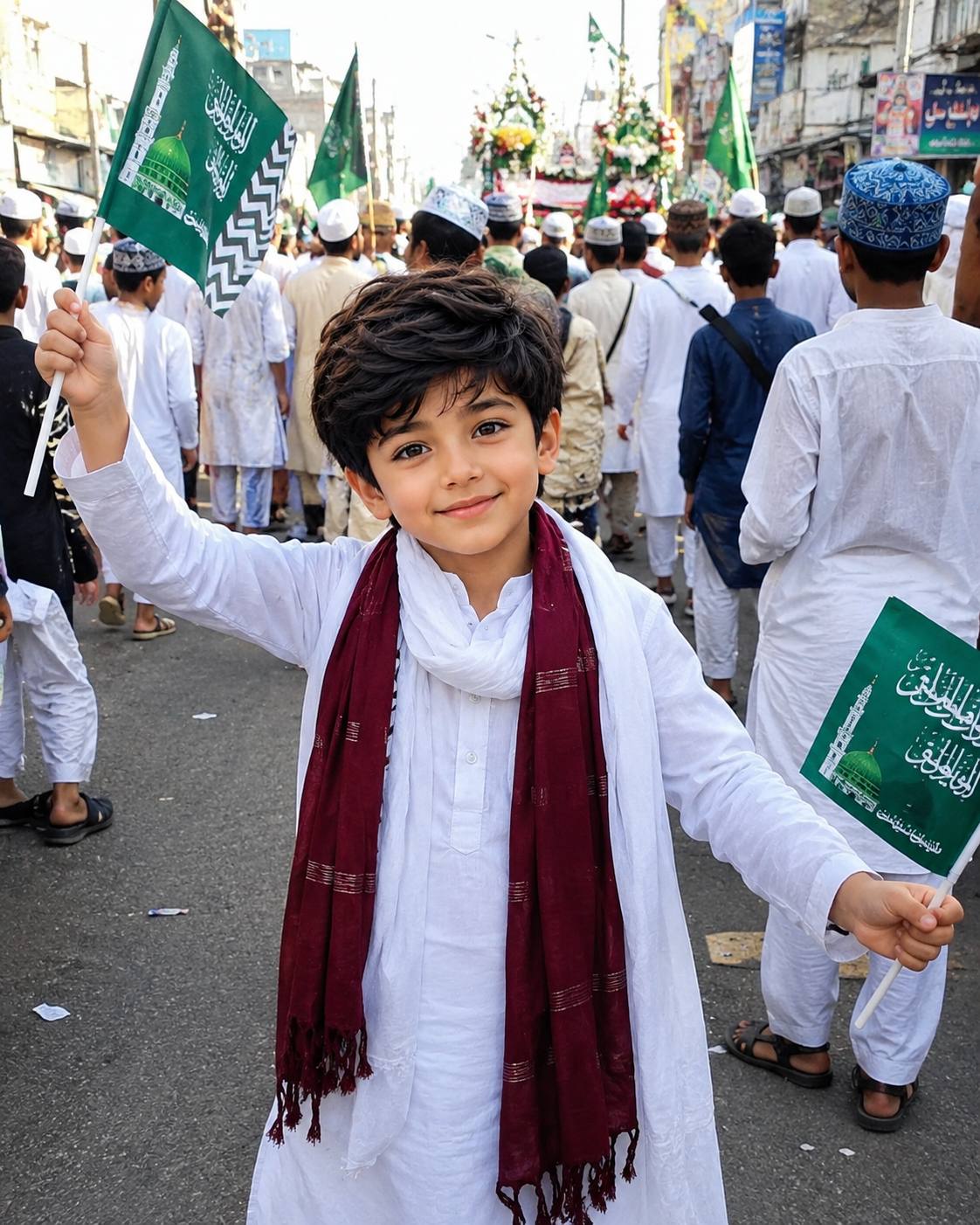 Young Boy Holding Green Flags at Eid Milad-un-Nabi Juloos – Ultra-Realistic AI Photo Prompt
