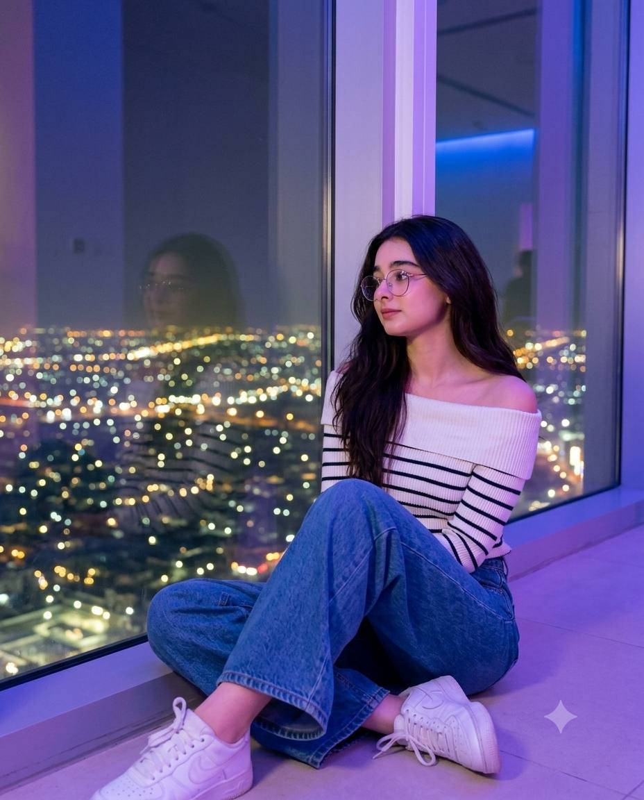 Young Girl by City Window at Night | Ultra-Realistic 8K Cinematic Portrait AI Image Prompt