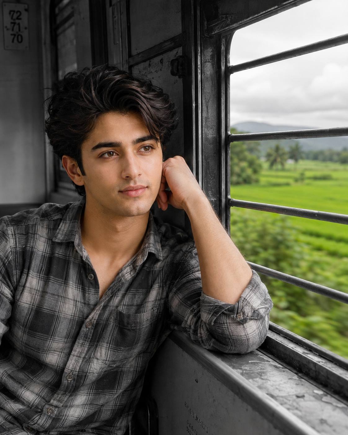 Young Indian Man by Window with Selective Color Black and White Cinematic Portrait | AI Image Prompt