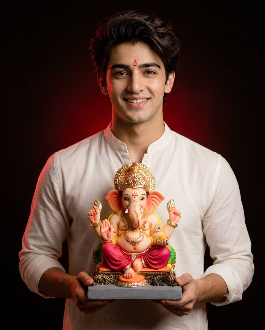 Young Indian Man Holding Ganesha Idol | Ganesh Chaturthi AI Photo Prompt