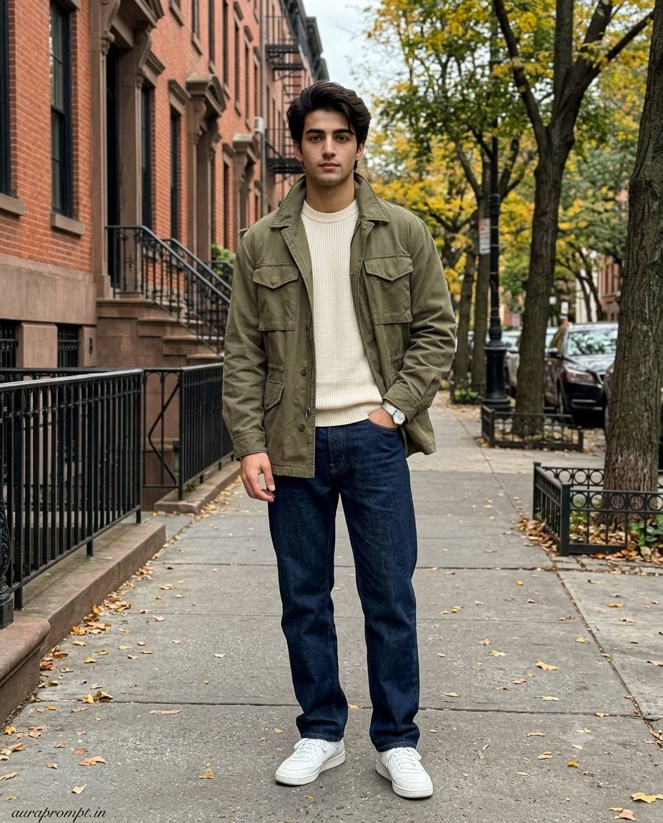 Young Man in Olive Jacket and Jeans on Autumn Brownstone Sidewalk | AI image prompt