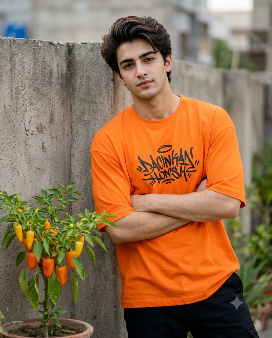 Young Man in Orange Streetwear T-Shirt Leaning on Concrete Wall – Realistic Outdoor Portrait | AI image prompt