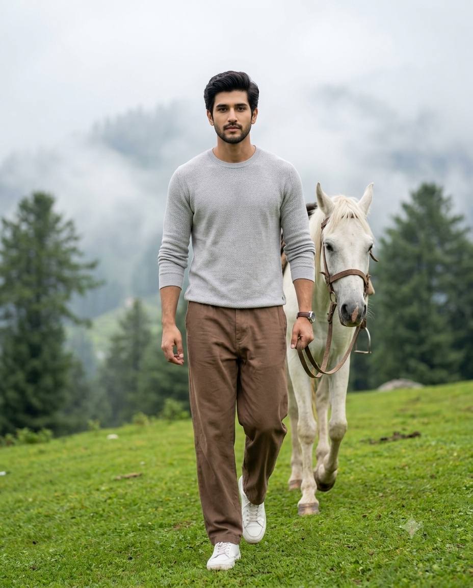 Young Man Leading White Horse on Misty Green Mountain Hill – Realistic 8K Outdoor Portrait | AI image prompt