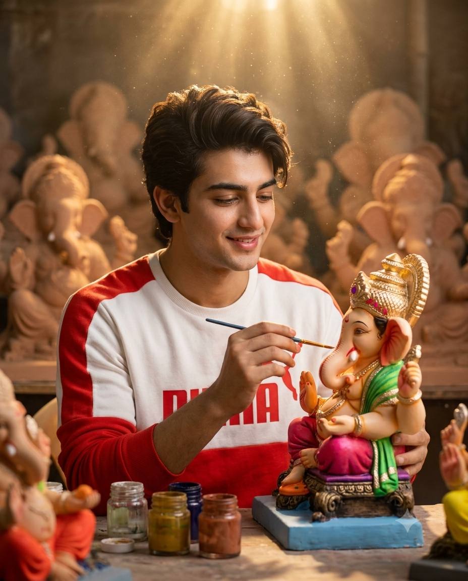 Young Man Painting Lord Ganesha Idol | Cinematic Ganesh Chaturthi Workshop AI Prompt